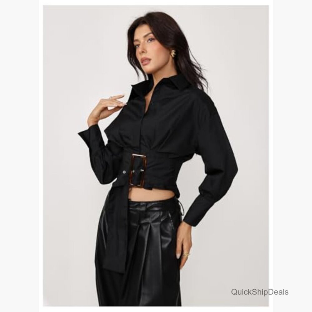 Polyester Button Down Cropped Top with Pleated De… - image 3